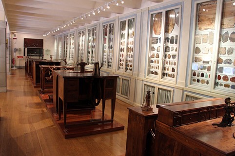 One of the rooms in the Opificio delle pietre dure with semi-precious stone samples and historical cutting and assemblying benches.